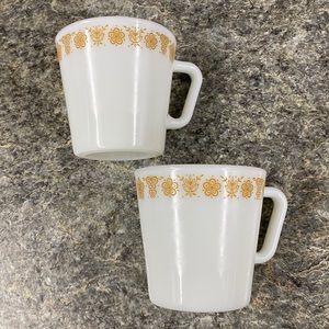 Vintage Pyrex Cups Set of 2, Gold Butterfly Pattern Milk Glass